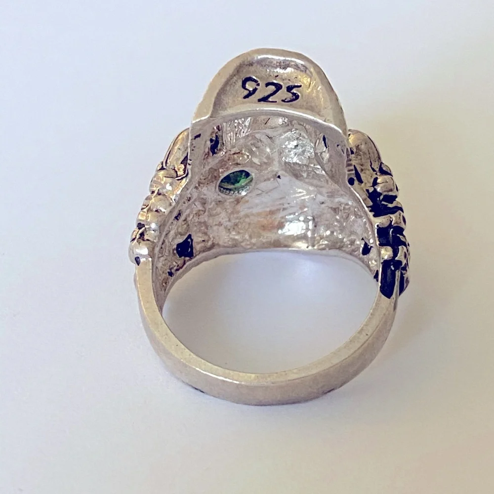 925 silver biker skull vertebrae ring green cubic zirconia cz stone